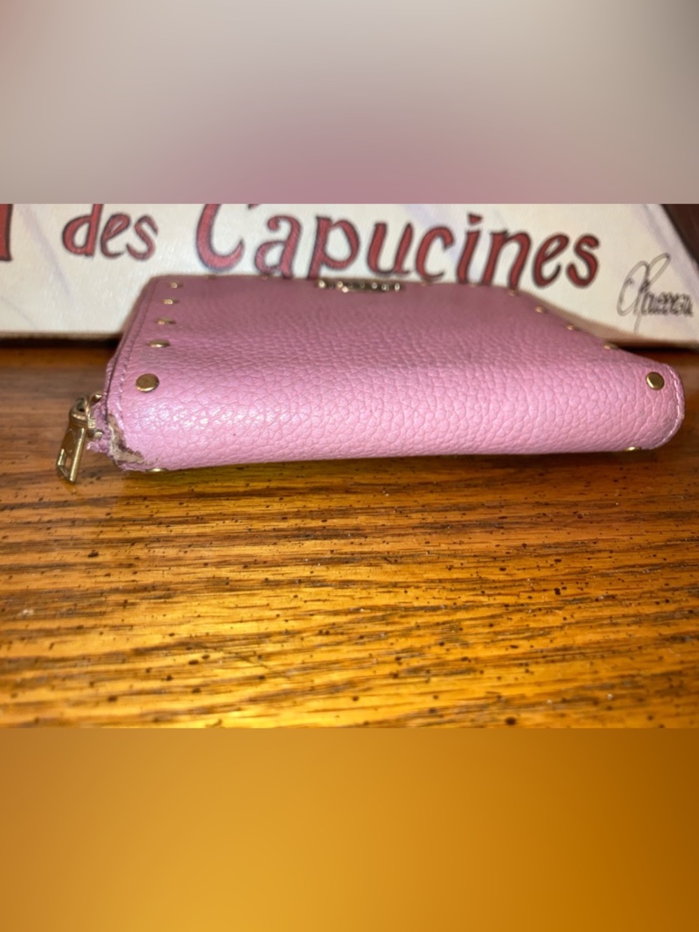 Coach Pebbled Leather Compact Zip Around Wallet with Gold Stud Accents Pink - Picture 6 of 9